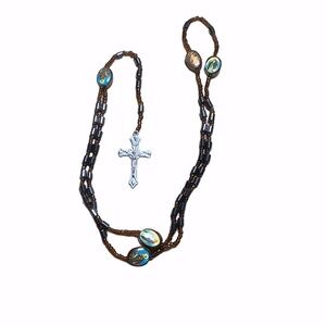 Catholic Rosary Brown Beads & Healing Magnets, Silver Cross, Saints, Hematite